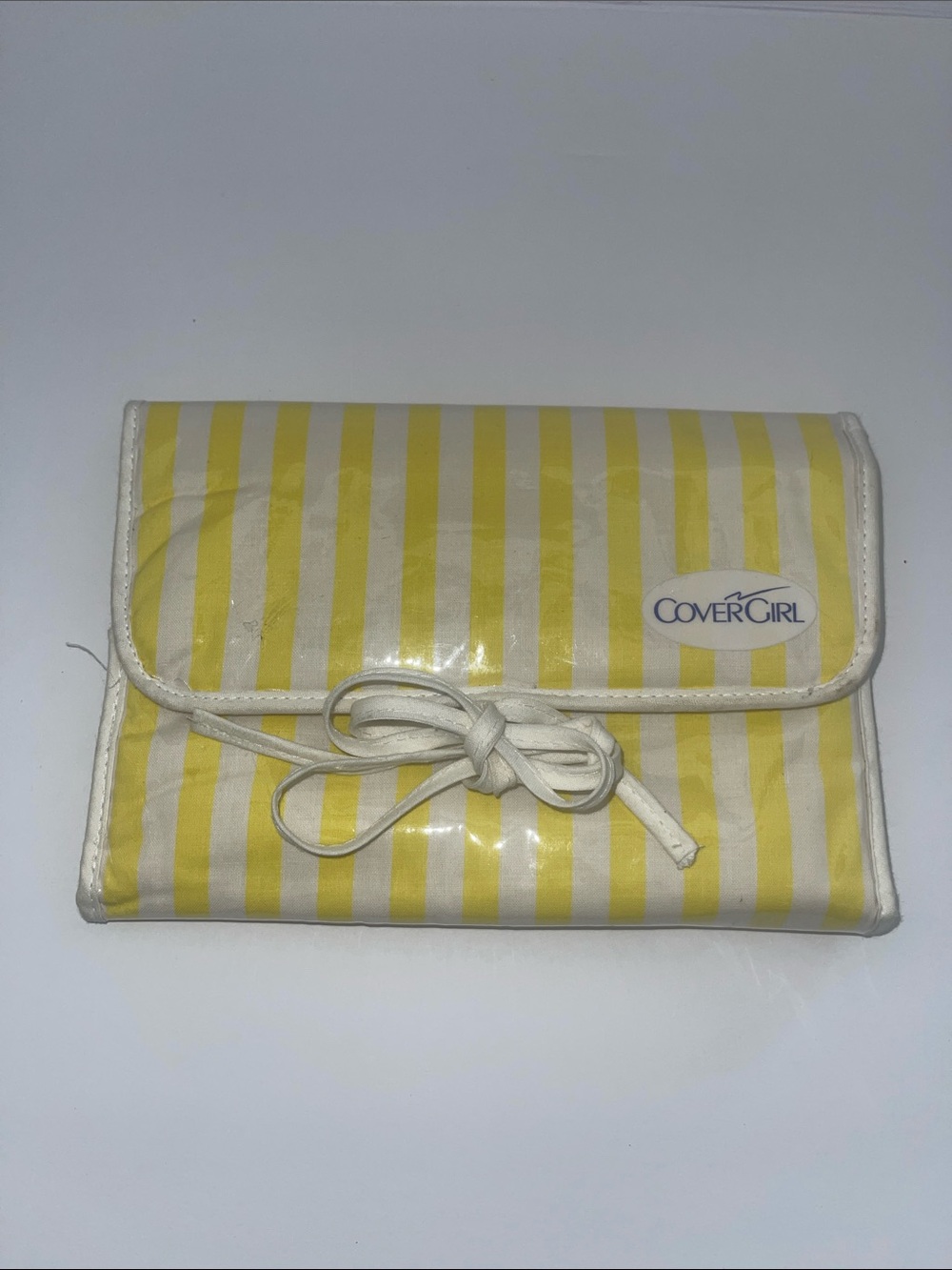 Vintage COVERGIRL Yellow and White Striped Cosmetic Pouch with Tie Closure